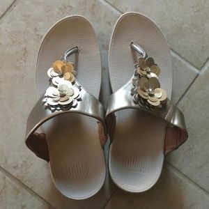 FitFlop Lulu Flower Sequin Toe Thong Gold Shoes